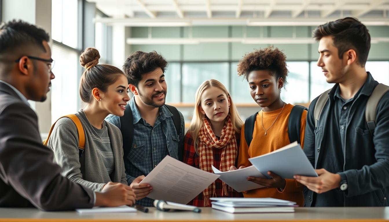 Students studying together in modern classroom